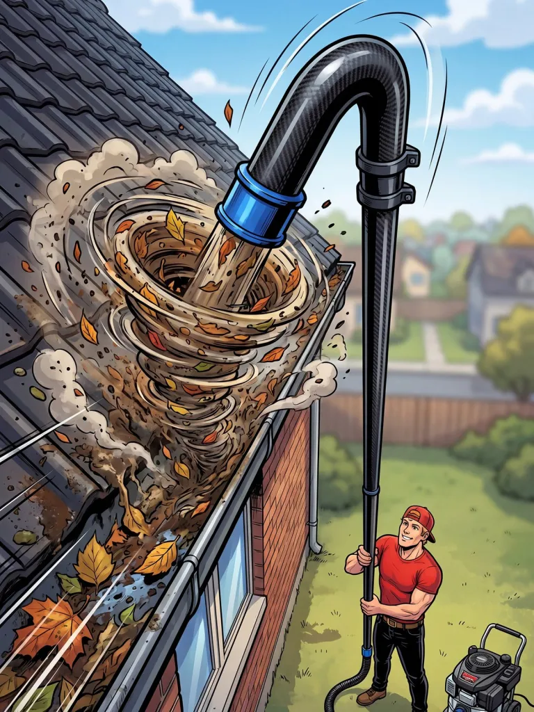 Comic: Rinnenblitz-Monteur saugt Laub und Schmutz vom Boden aus mit dem Carbon-Stangensauger aus der Dachrinne
