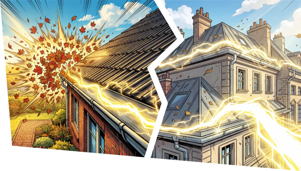 Comic: verstopfte Dachrinne vorher und blitzsauber nachher